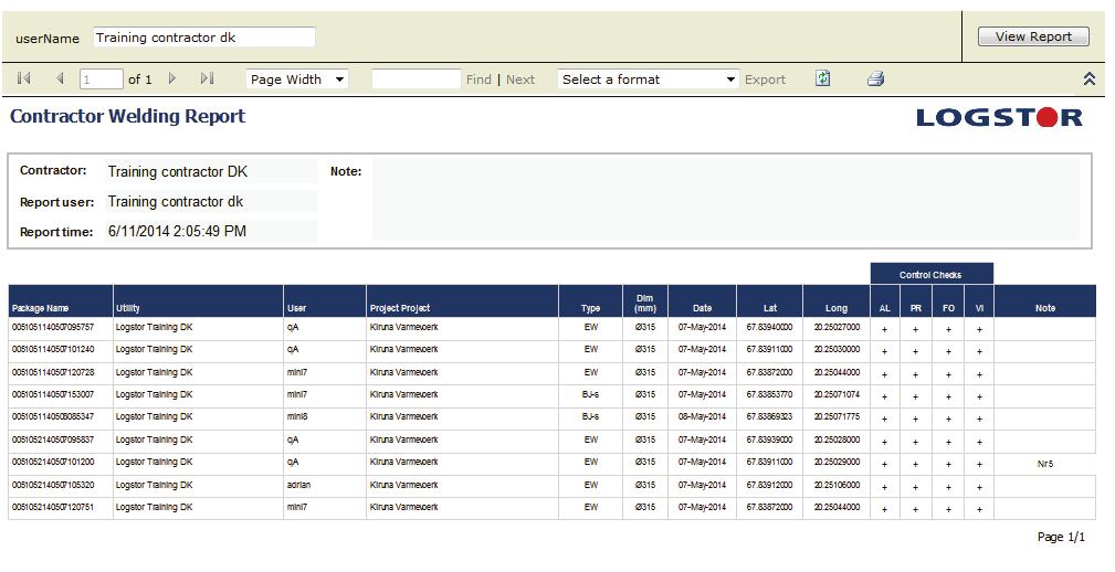 5.5.0.4 WeldMaster LOGSTOR WeldMaster Portal Svejserapport, fortsat Rapporten kan laves som PDF-, Excel- eller Word-fil.
