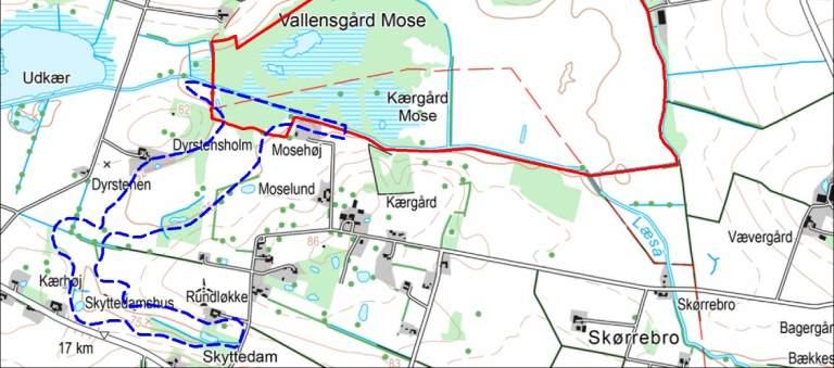 De større tidligere vandløb, som ses på de historiske kort, er vist med pink, mens de nuværende 3-beskyttede vandløb er vist med lys blå streg. Det ses, at Læså er omlagt og nu ender i mosen.