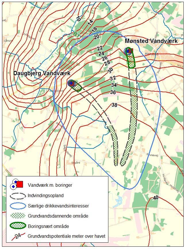 Forslag til indsatsplan for Daugbjerg og Mønsted Geologisk/ kemisk kortlægning Figur 7. Oplande til vandværker i OSD. Figuren viser også grundvandspejlets beliggenhed i meter over havet.