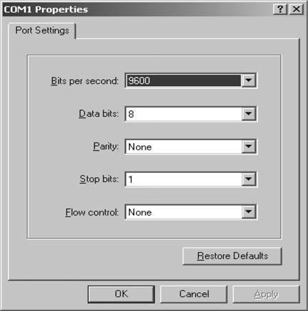 I vinduet Connect to vælges den COM port, hvor GPS modtageren er forbundet til PC en. 6. I vinduet COM Properties vælges egenskaber som vist på billedet.