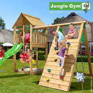 Jungle Gym Cabin legetårn med klatremodul og 1 gynge Legetårnet rummer et hav af spændende muligheder for legesyge og klatreglade børn.