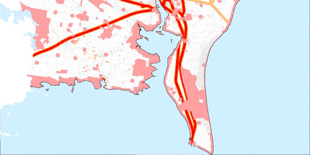 Statsveje og Jernbaner Forbudszone på 1 gange møllens højde (150 meter) og en opmærksomhedszone