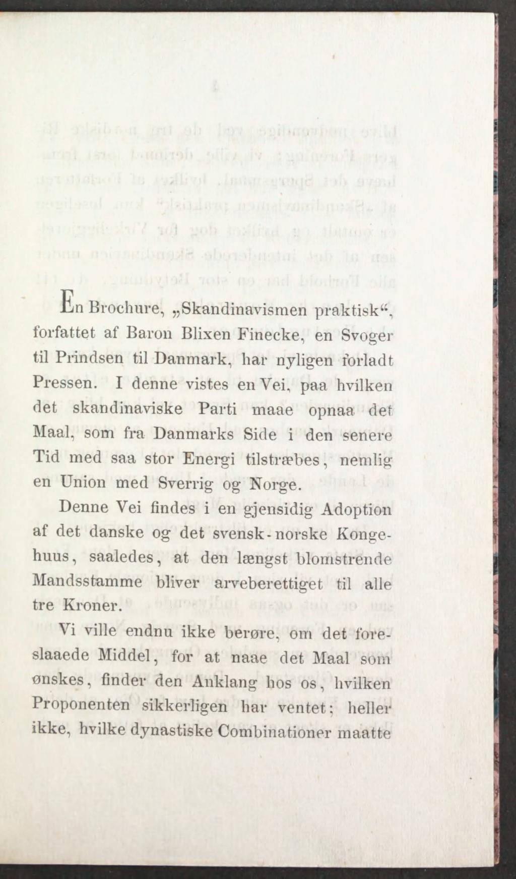 En Brochure, Skandinavismen praktisk", forfattet at Baron Blixen Finecke, en Svoger til Prindsen til Danmark, har nyligen forladt Pressen.
