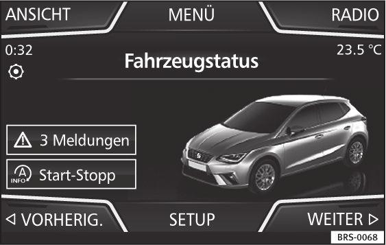 Fig. 38 Easy Connect : menuen CAR Tryk på systemknappen og efterfølgende funktionsfladen Fahrzeug (bil) Fig. 37 eller på systemknappen for at komme ind i menuen Fahrzeug (bil) Fig. 38. Tryk på funktionsfladen SETUP for at komme til menuen Fahrzeugeinstellungen (bilindstillinger) Fig.