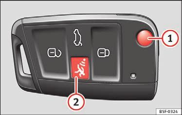 121 Bilnøgle Oplåsning og låsning Fig. 122 Bilnøgle med alarmknap Bilnøgler Ved at bruge bilnøglen kan du på afstand låse bilen op og låse den igen Side 114. Senderen med batteriet sidder i bilnøglen.