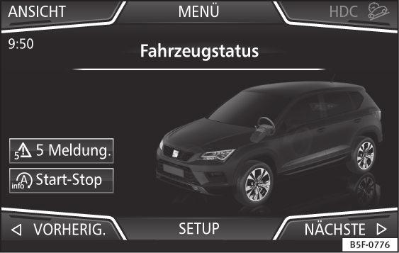 Fig. 41 Easy Connect : CAR-menu Tryk på knappen MENU på systemet og forinden på knappen Fig. 40 eller knappen på systemet for at gå til menuen CAR Fig. 41. Tryk på funktionsknappen Setup for at åbne hovedmenuen Einstellungen Fahrzeug (bilens indstillinger) Fig.