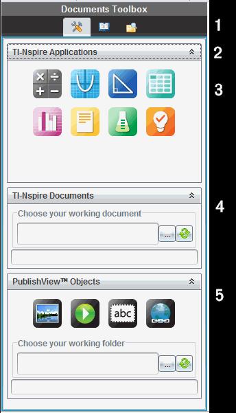 À I et PublishView -dokument: Klik på for at åbne den applikationsmenu og de værktøjer, du skal bruge til at arbejde med TI-Nspire -applikationer og PublishView elementer.