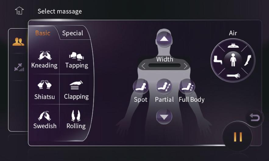 9. Avanceret 1. Avanceret (manual) Funktionen er tilgængelig (Basic), (Air), (special) og kan blive anvendt individuelt eller kombineret til et massageprogram. 2.