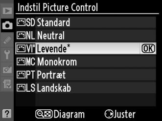 Markér den ønskede Picture Control i Indstil Picture Control-menuen (0 131), og tryk på 2. 2 Justér indstillingerne.