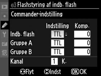 Commander-indstilling Anvend den indbyggede flash som masterflash, der styrer en eller flere af de fjernstyrede ekstra flashenheder SB-900, SB-800, SB-700, SB-600 eller SB-R200 i op til to grupper (A