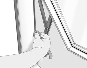 Skub derefter vinduet udad - LÆN DIG IKKE UD. Tag fat om vinduets øverste kant med begge hænder og pres roligt nedad. Vinduesrammen er først vendt helt rundt, når pudse sikringen klikker på plads (2).
