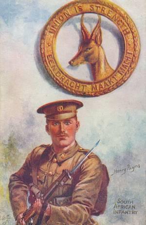 South African Infantry, ca. 1915. Tegnet af Harry Payne. Samtidigt postkort fra serien "Colonial badges and their Wearers", nr. 3160, udgivet af Raphael Tuck & Sons "Oilette".