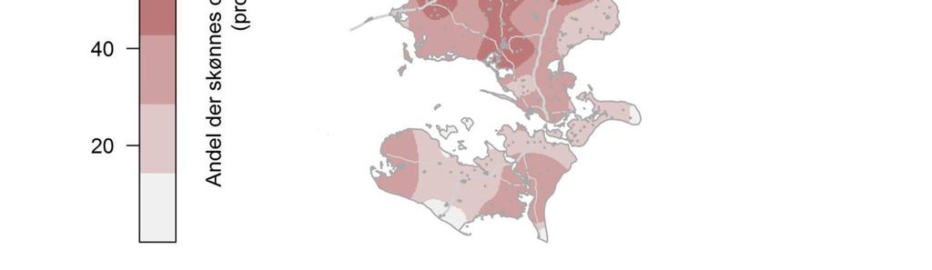 Anm.: De mørkegrå prikker angiver den geografiske placering af private udlejningslejligheder i småejendomme opført senest i 1966. Udglatningen er udregnet med Nadaraya-Watson smootheren, jf.