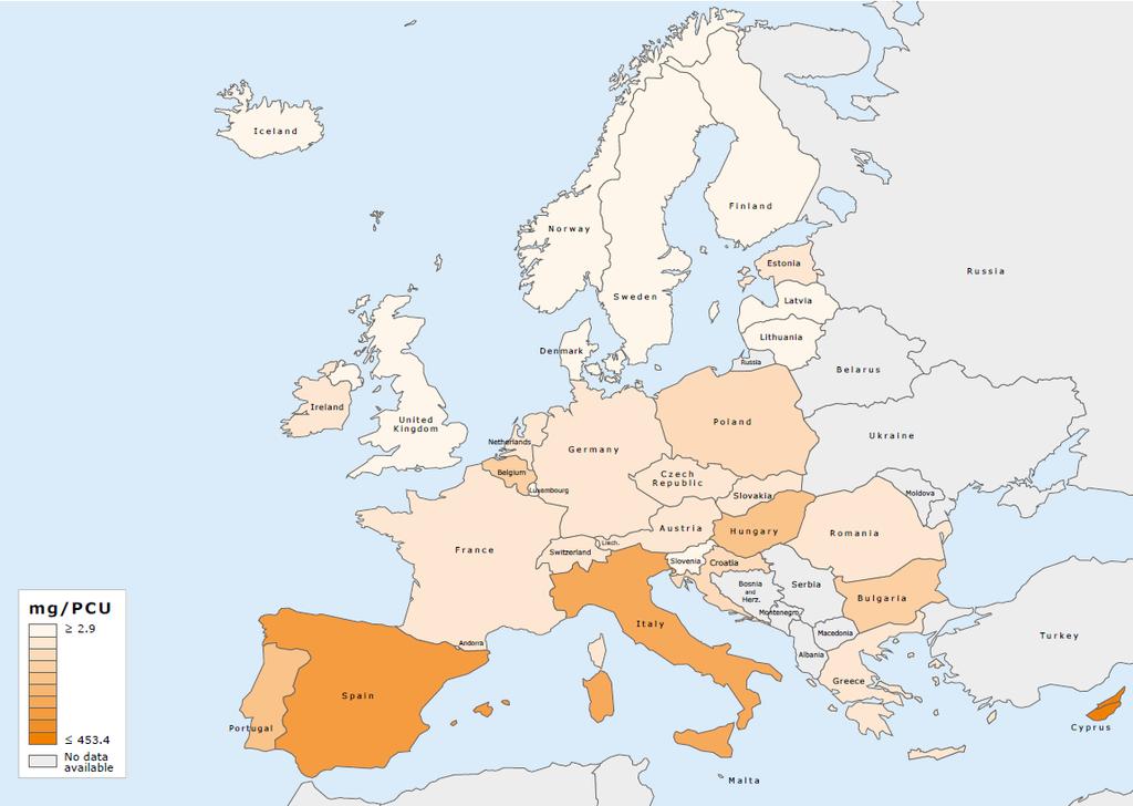 EU3 Mg antibiotika per kilo produceret dyr Salg af antibiotika til husdyr i 3 europæiske lande, 216 5 45 4 35 3 25 2 15 1 5 Figur 3.