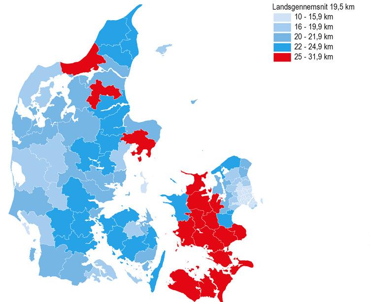 Af Danmarkskortet nedenfor fremgår det, hvor langt borgerne i hver enkelt kommune pendler i gennemsnit.
