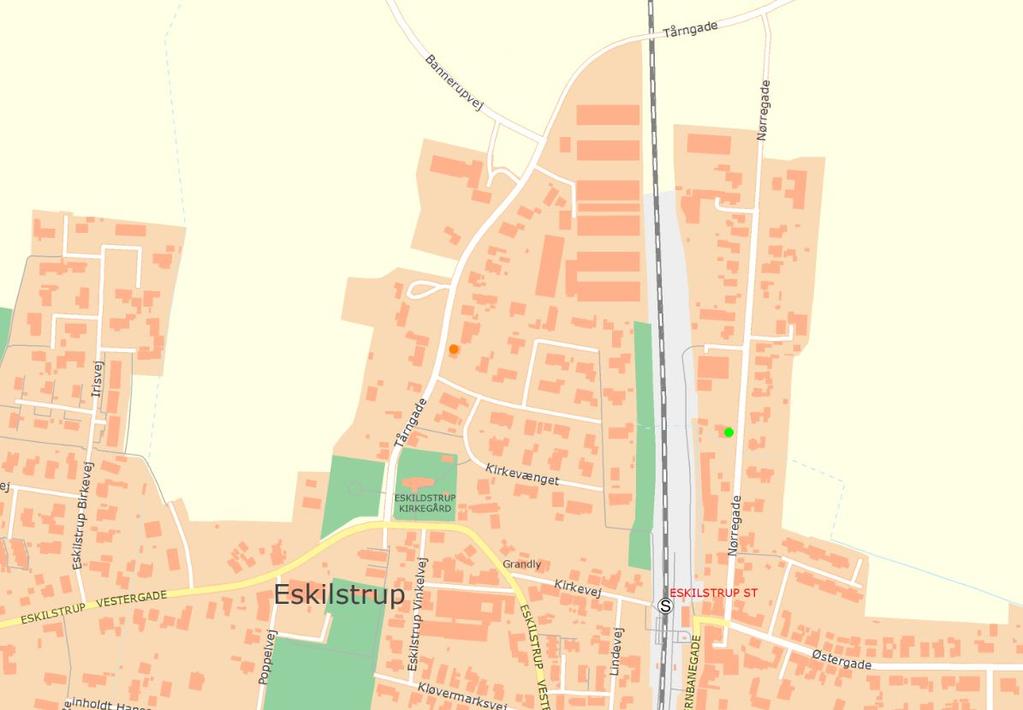 10. Nørregade, Eskilstrup Morgan Nielsen, Eskilstrup: Rød cirkel markerer målested ved Tårngade 4 og grøn cirkel markerer målested ved Nørregade 17 A.