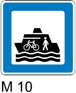 Politik for skilte mm 37 Færger for cyklende og gående kommerciel servicemål Vejvisningsmål Færger der kun medtager cyklende og gående M10-symbolet anvendes ved vejvisning til færgeoverfarter for