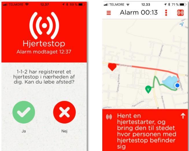Her er to billeder fra min telefon af hvordan det ser ud når man får en alarm, og når man har accepteret den (screenshots fra testalarm på appen): Der er tilknyttet forskning til