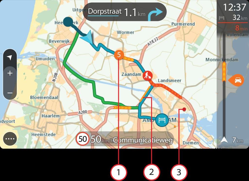 Rutebjælken viser også meddelelser om status, f.eks. Finder hurtigste rute eller Afspiller rutevisning. Sådan læser du trafik på kortet Trafikhændelser vises på kortet.