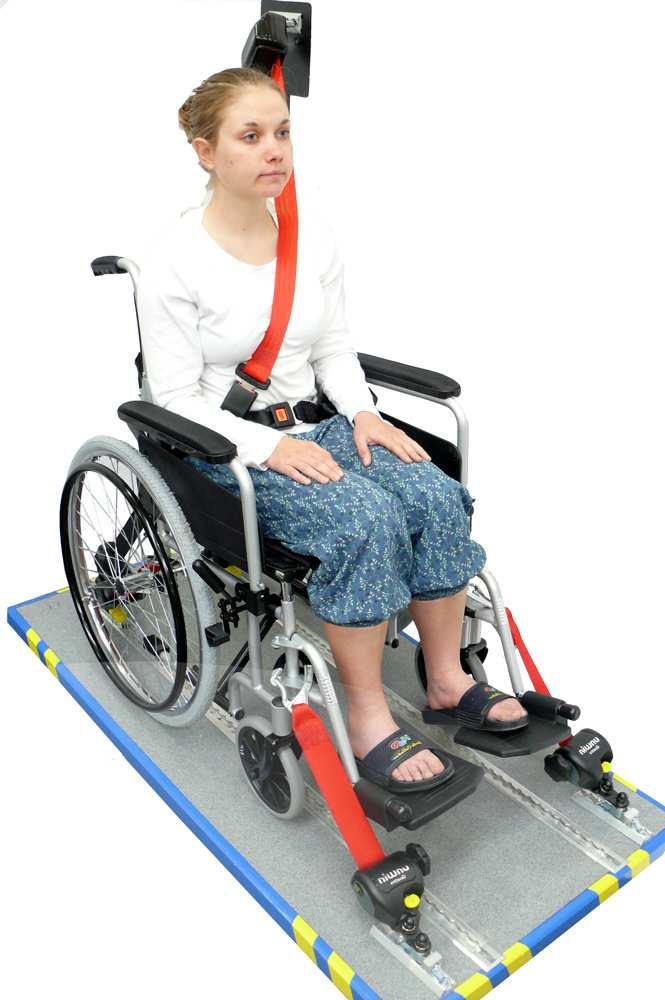 bagerst (i kroge på kørestolene og i en vinkel på 45 grader til gulvskinne). Der skal også bruges hoftesele, som monteres på fastspændings- stropperne.
