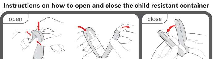 Vejledning i at åbne og lukke den børnesikrede beholder Åbning Lukning A indsæt fingrene i de bageste huller og pres sammen mens den øverste knap trykkes ned B åbn C luk (lyt efter det bekræftende