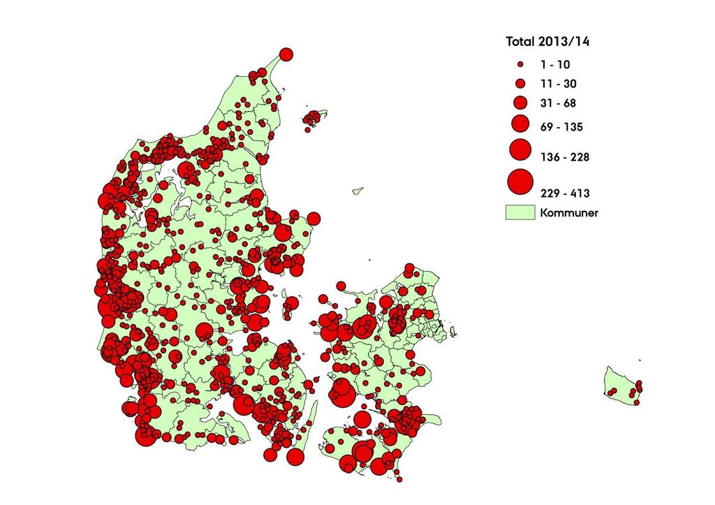 Regionale og kommunale resultater Fordelingen af antallet af indsendte vinger og antallet af lokaliteter i 2013/14 og 2012/13 (i parentes) fremgår af nedenstående tabel.