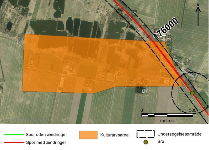 Ved Bjerregrav skærer undersøgelsesområdet den østlige kant af kulturarvsarealet Bjerregrav Mose ved km 175+500 176+000 (Figur 28).