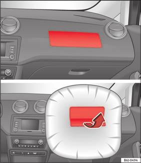 Airbagafdækningerne klappes ud fra rattet og instrumentpanelet, når frontairbaggen til føreren og forsædepassageren foldes ud, og bliver ved med at være fastgjort til rattet og instrumentpanelet Fig.