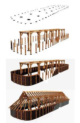 Fig. 7: Principtegning af et treskibet langhus fra oldtiden. Eksemplet er af en type der er noget længere end dem fundet ved denne undersøgelse. Husene er primært de såkaldt treskibede langhuse.