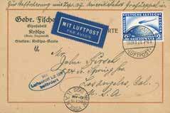 Fig. 6 & 7 - Her vises to postkort, der begge er befordret af Graf Zeppelin" på dennes første flyvninger til USA og retur. Det øverste er et tysk postkort stemplet i Friedrichshafen den 10.