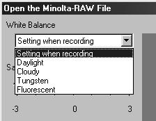 BRUG AF SOFTWARET - THUMBNAILS I vinduet Open the Minolta-RAW File kan du korrigere Minolta-RAW filer for deres indstillinger af hvidbalance/mætning/kontrast/skarphed.