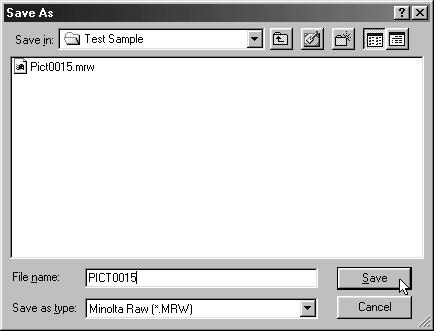 BRUG AF SOFTWARET - THUMBNAILS Sådan gemmes billeder i Minolta RAW-formatet: Hvis du klikker på "Save" i stedet for "OK" i vinduet "Open the Minolta-RAW File", fremkommer operativsystemets