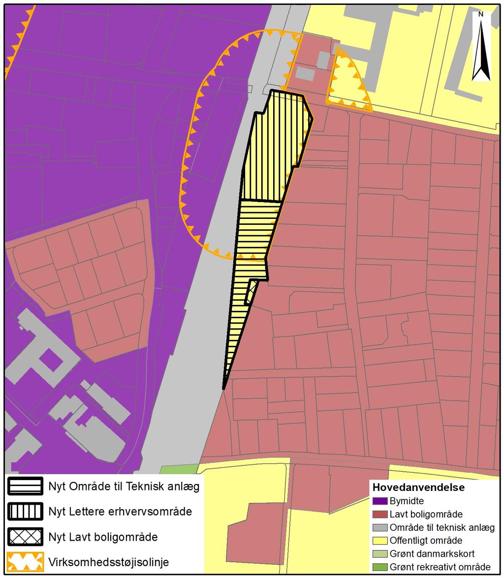 Hovedstrukturdel På kommuneplanens farvede hovedstrukturkort ændres en del af et Offentligt område til et Lettere erhvervsområde samt en lille del til
