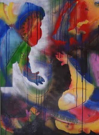 Fredsaftale, 110 x 80 cm, akryl og spraymaling på tekstil E Pia Frank Barakken,