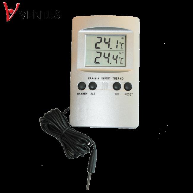 WA35 VENTUS Digitalt inde/ude termometer med ur Ventus WA35 digital termometer med 3- delt display som viser inde og udendørs temperatur. med min/max hukommelse.