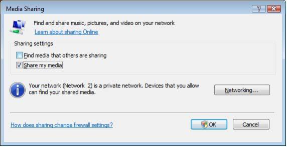 1 Windows Media Player v11 på Windows Vista Indstilling til netværksdeling I Windows Media Player skal du vælge