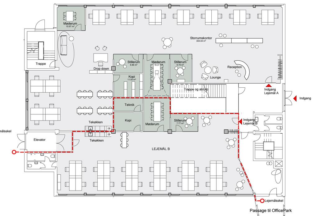 LEJEMÅL B 304 m² Sidste ledige lejemål i ejendommen er Lejemål B på i alt 304 m².