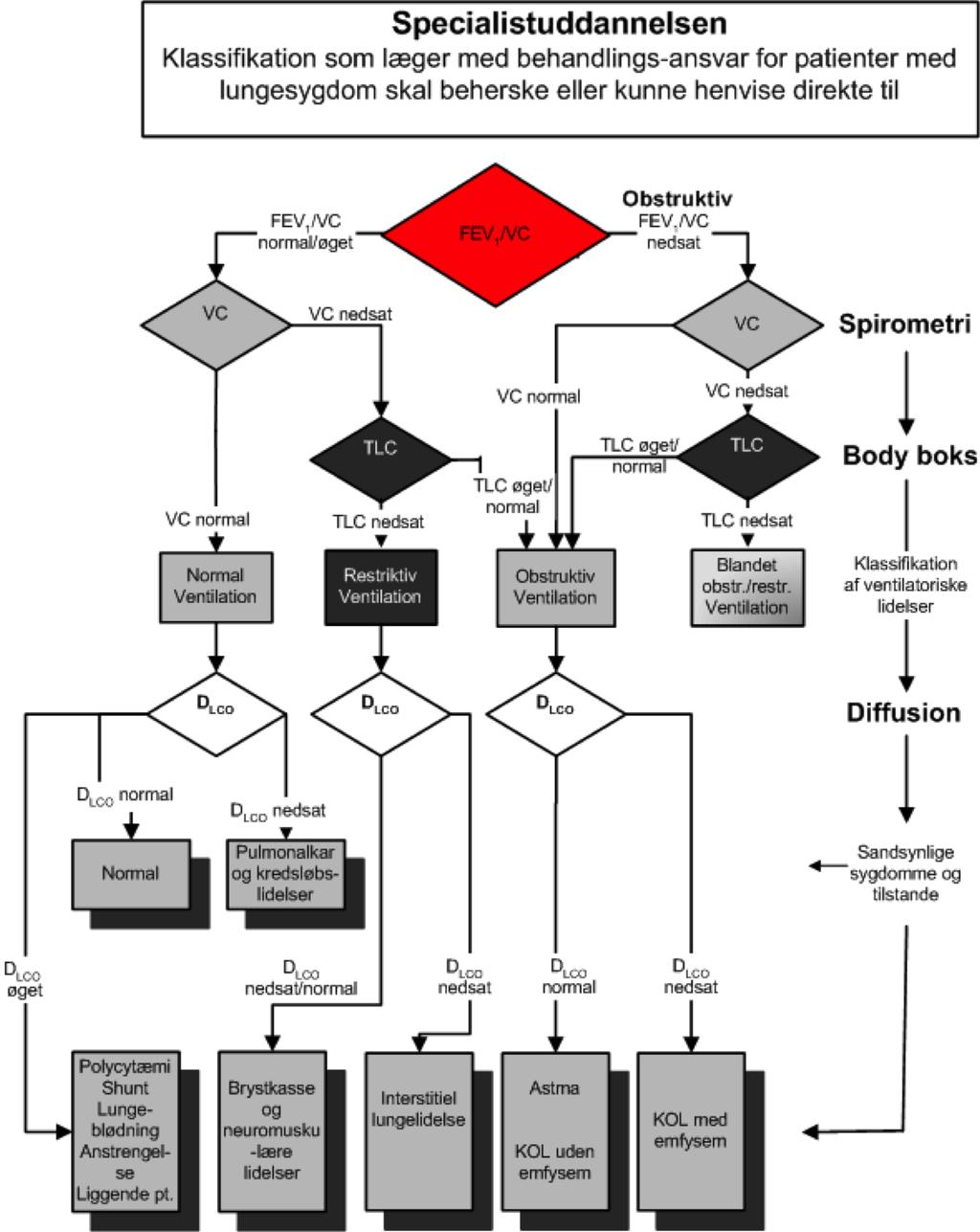 Figur 1 Simplificeret algoritme, som repræsenterer typiske mønstre for lungefunktionsafvigelser og sygdomme.