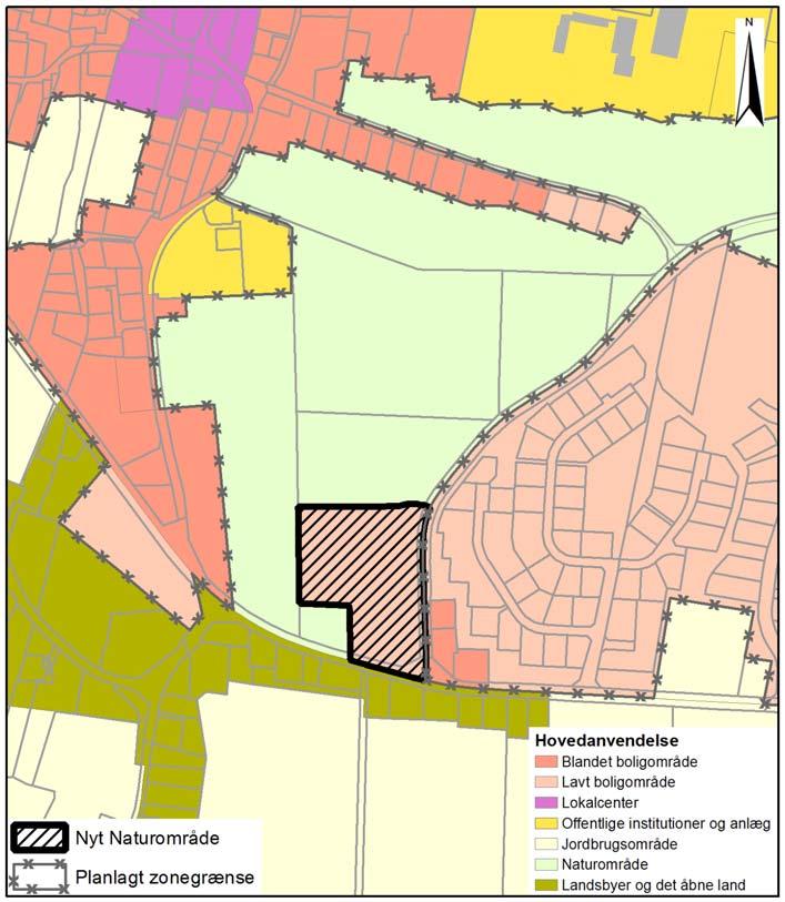 Hovedstrukturdel På kommuneplanens farvede hovedstrukturkort ændres et Lavt boligområde til Naturområde og
