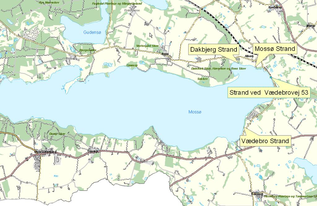 Hydrologiske forhold Mossø Søen har fire officielle badestrande. Én ved Dakbjerg, Mossø, Vædebrovej 53 og Vædebro, samt en kontrolstation ved Fuldbro (vest for vædebro strand).