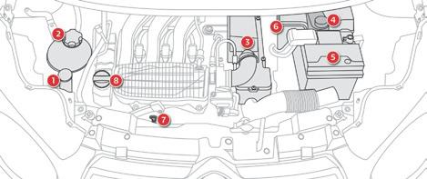 Benzinmotorer Kontrol af væskestande Benzinmotorer 1. beholder for sprinklervæske. 2.