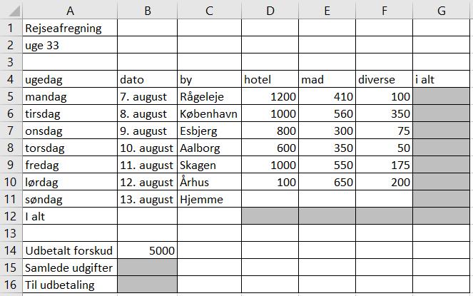 Opgave Indskriv følgende regneark brug formler i kolonne og rækken I alt Formatering med