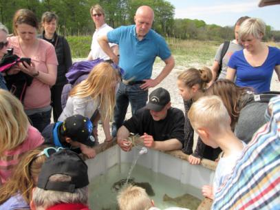 Ernst og Peter havde travlt med at fortælle, om alle de forskellige fisk i bassinerne.