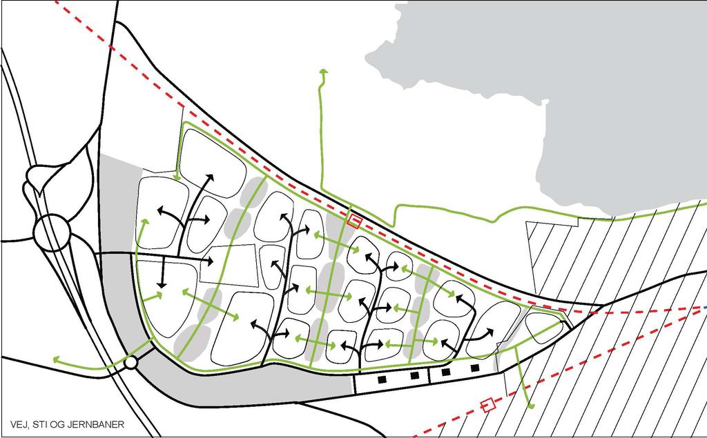 Forslag til Kommuneplan 2013 25 for Holbæk Kommune Trafik, vejtilslutning og interne veje Området ligger omkranset af store infrastrukturanlæg, herunder jernbane, Kalundborgvej og tæt ved