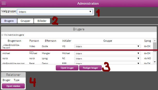 Screenshot 1: Mobilize Me's brugeradministration 1) Indikerer hvilken brugergruppe du ser. Hvis du har adgang til flere grupper, vil du se disse i en dropdown menu.