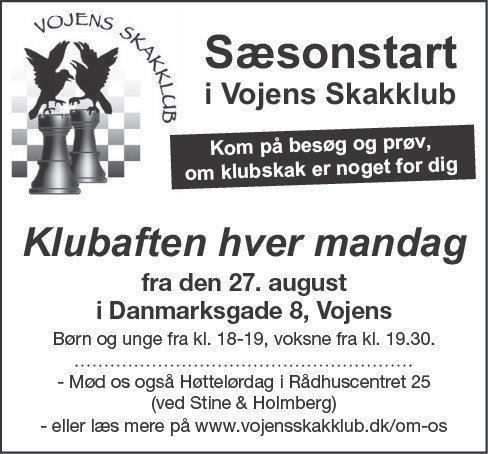 Side 3 Velkommen til en ny sæson i Vojens Skakklub. Følgende annonce var indrykket i Ugeavisen MidtSyd den 14-08-2018. Som medlem kan du virke som ambassadør for klubben.