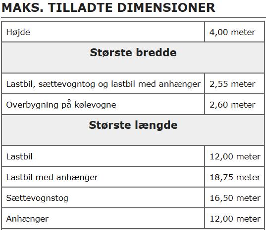Tabel 1. Tilladte dimensioner på lastvognstog i Europa (www.tranportxxl.