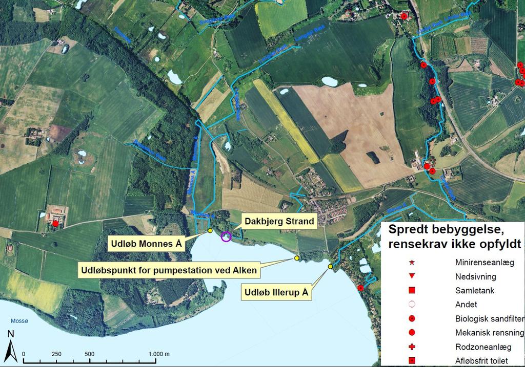Vurdering af årsager til forurening Punktkilder Pumpestation, Alken Overløbshændelser fra pumpestation ved Alken kan være årsag til kortvarige fækale forureninger af badevandet ved Dakbjerg Strand