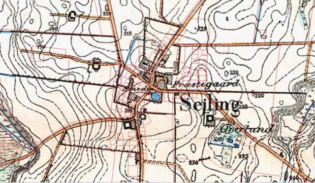 Målebordsblade over Sejling. Kortene er tegnet i perioden 1842-1899 og viser dermed 1800-tallets bebyggelsessituation i landsbyen.