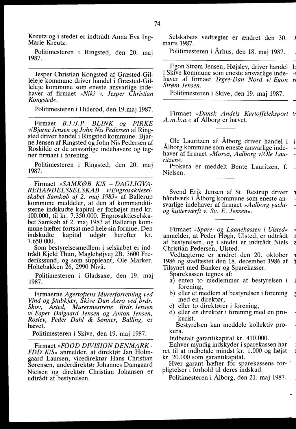 1987 Anmeldelser, bekendtgjort i Statstidende i januar måned N r ...